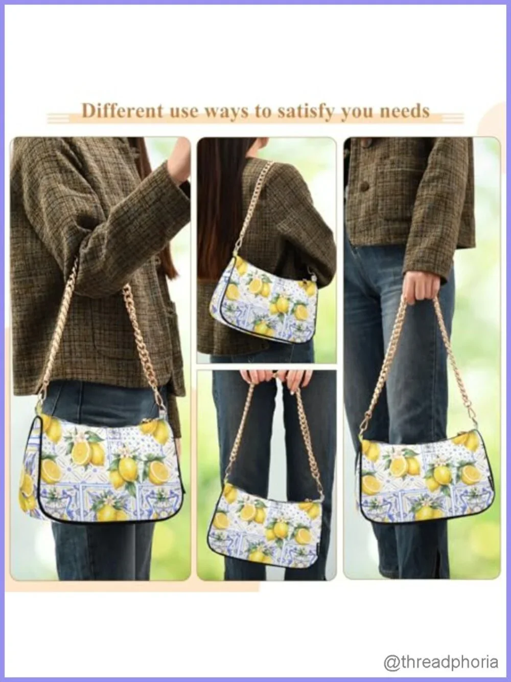 Womens Hobo Shoulder Bag Vintage Print Tote Handbag with Zipper Closure Gold